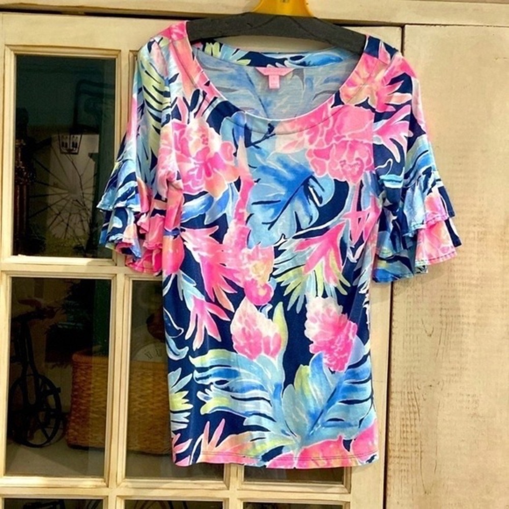 Lilly Pulitzer Vibrant Floral Ruffle Sleeve Blouse - Pink and Blue